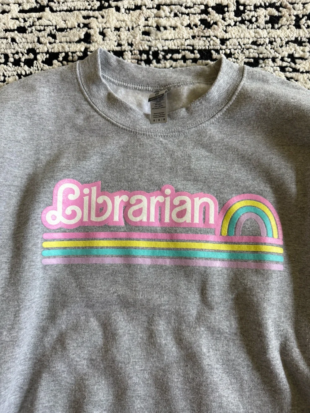 Gray 'Librarian' Crewneck Sweatshirt with Rainbow Graphic